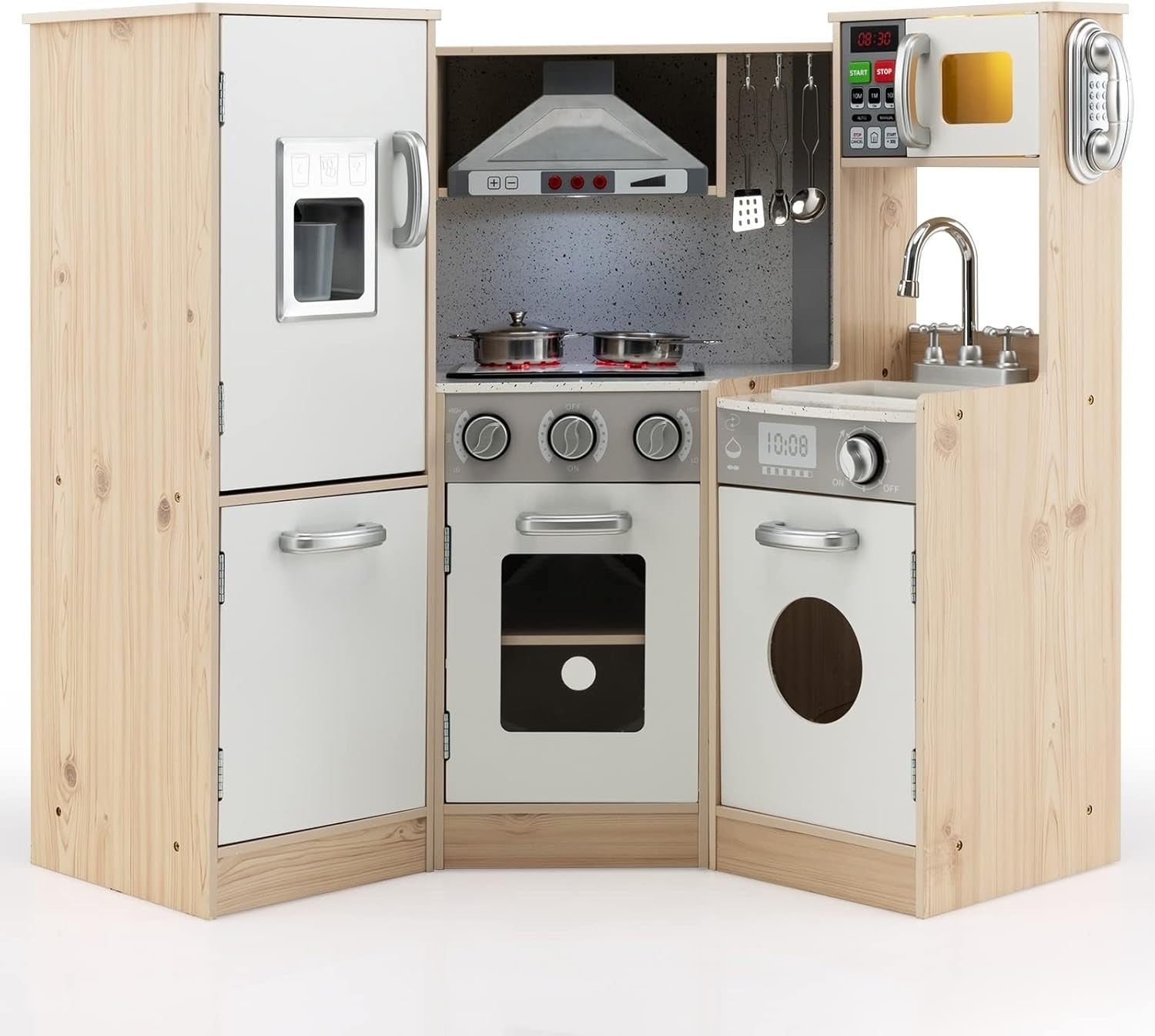 Kids Corner Wooden Play Kitchen Lights Sounds Cooking Toy Playset