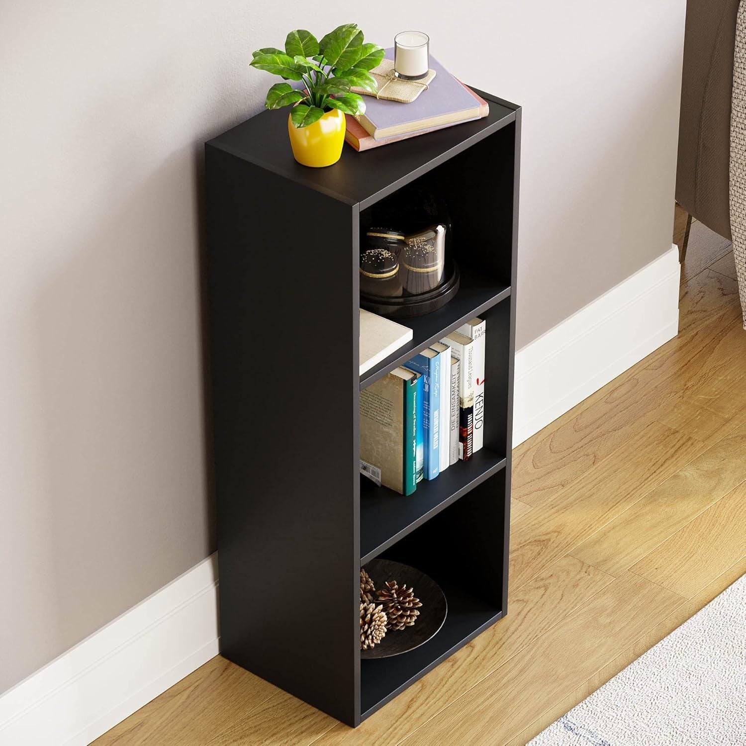 3 Tier Black Wooden Cube Bookcase Small Storage Shelf for Living Room Office