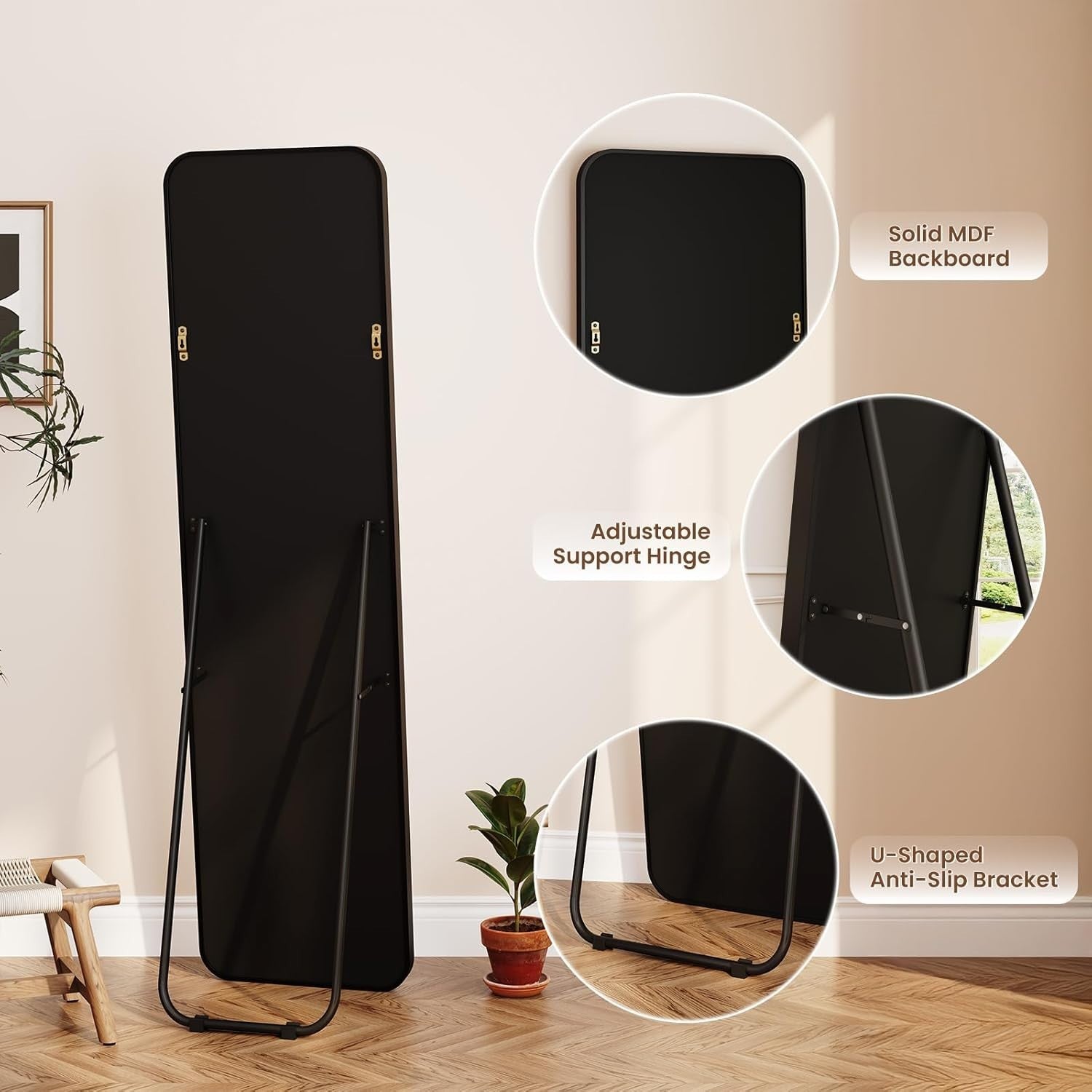 Full Length Rectangular Floor Mirror 150x40cm, Rounded Corners, Freestanding