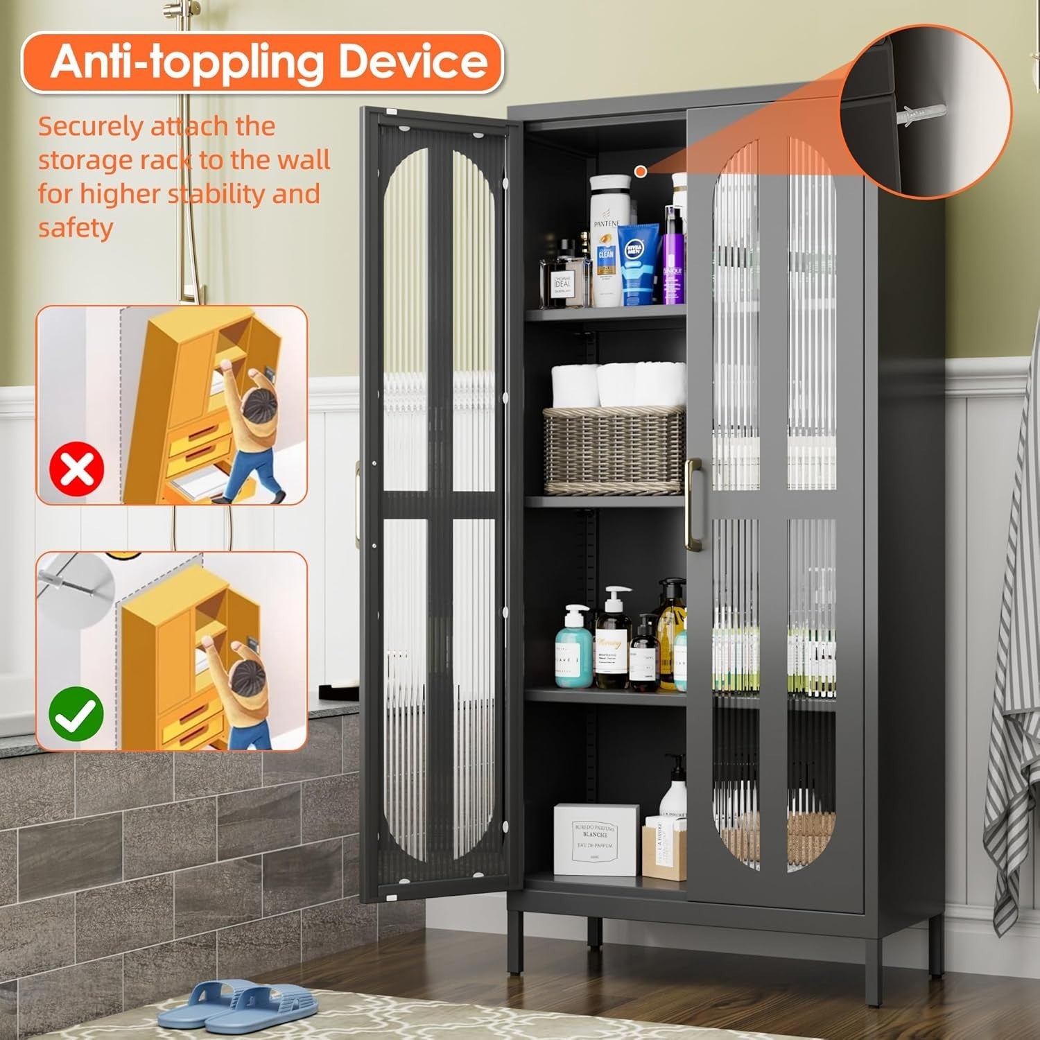 Black Metal Storage Cabinet 2 Glass Doors Adjustable Shelves 155H