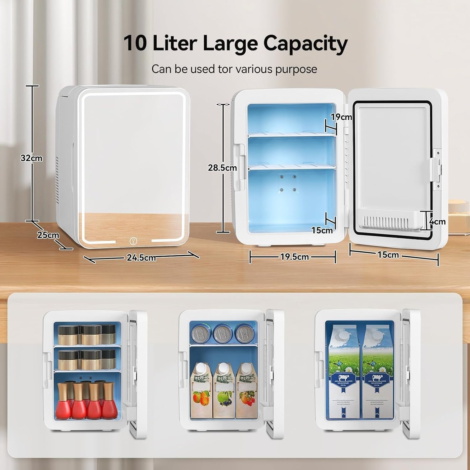 10L Portable Mini Skincare Fridge Cooler & Warmer LED Mirror AC/DC