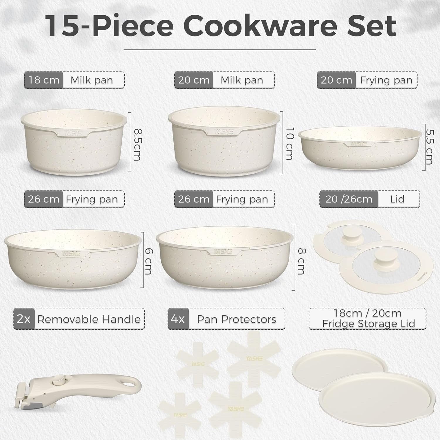 15pcs White Non Stick Granite Cookware Set  Induction Safe with Removable Handle