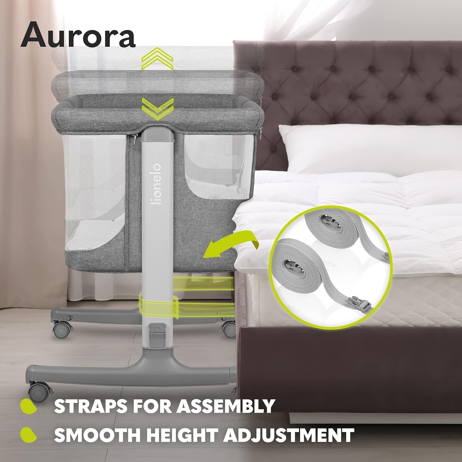3in1 Baby Bedside Crib Co-Sleeper Cot with Mattress Adjustable Height Grey