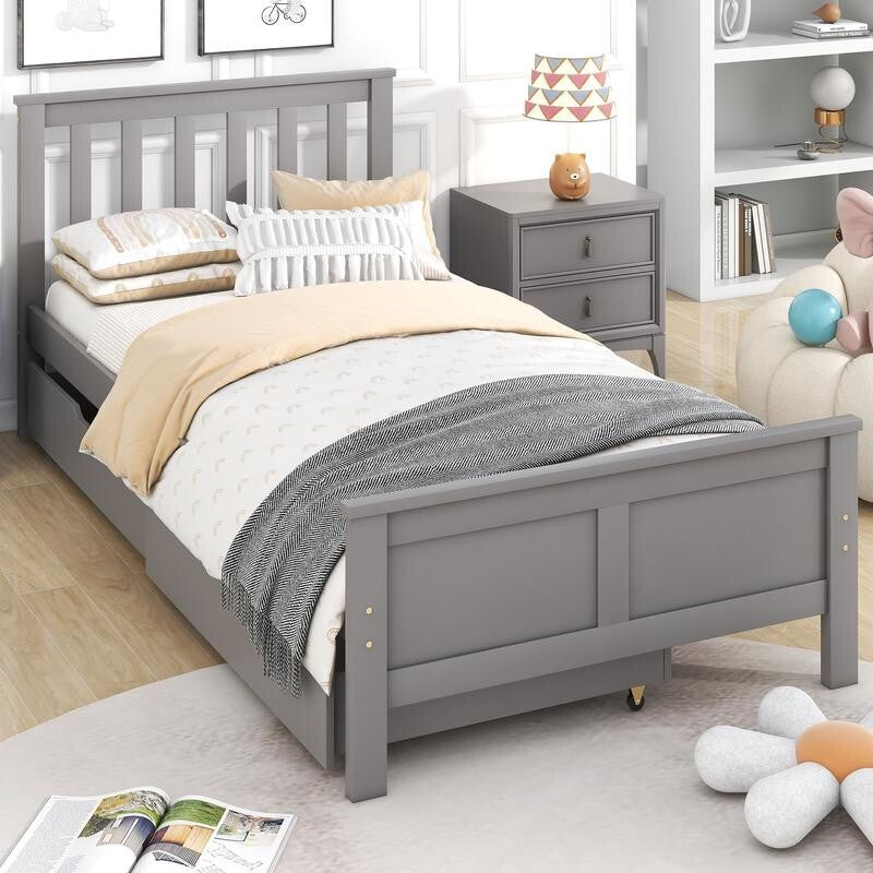 3FT Single Grey Wooden Bed Frame with Storage Drawers Kids Adults Solid Pine