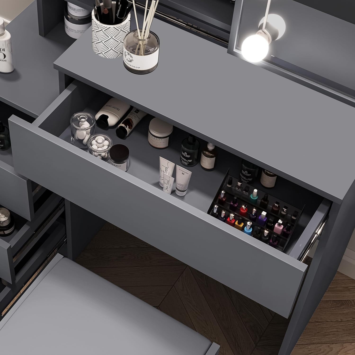 Dressing Table Vanity Desk Sliding Mirror LED Lights Drawers Storage Grey Bedroo