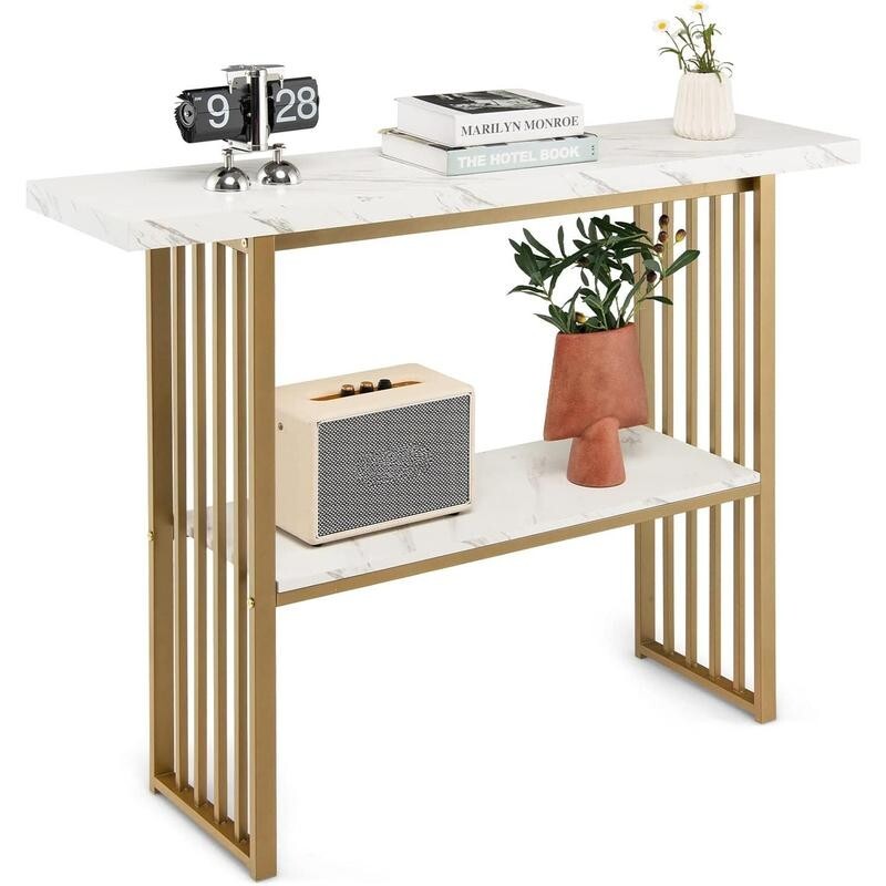 120cm Faux Marble Console Table – 2-Tier Gold Frame Hallway Display Unit