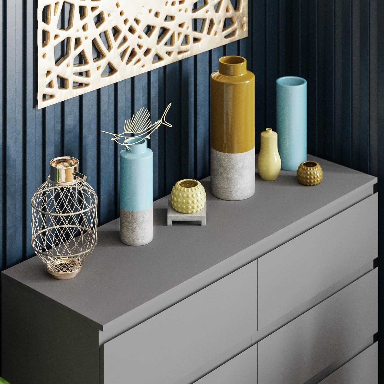 Modern 6-Drawer Grey Wooden Chest Storage Unit - Space-Saving Bedroom Organizer