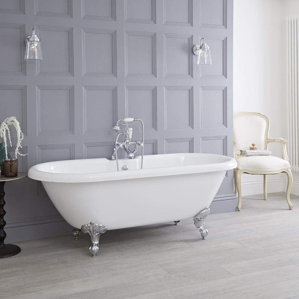 White Double Ended Roll Top Bath 1795x785mm Freestanding Chrome Claw Feet
