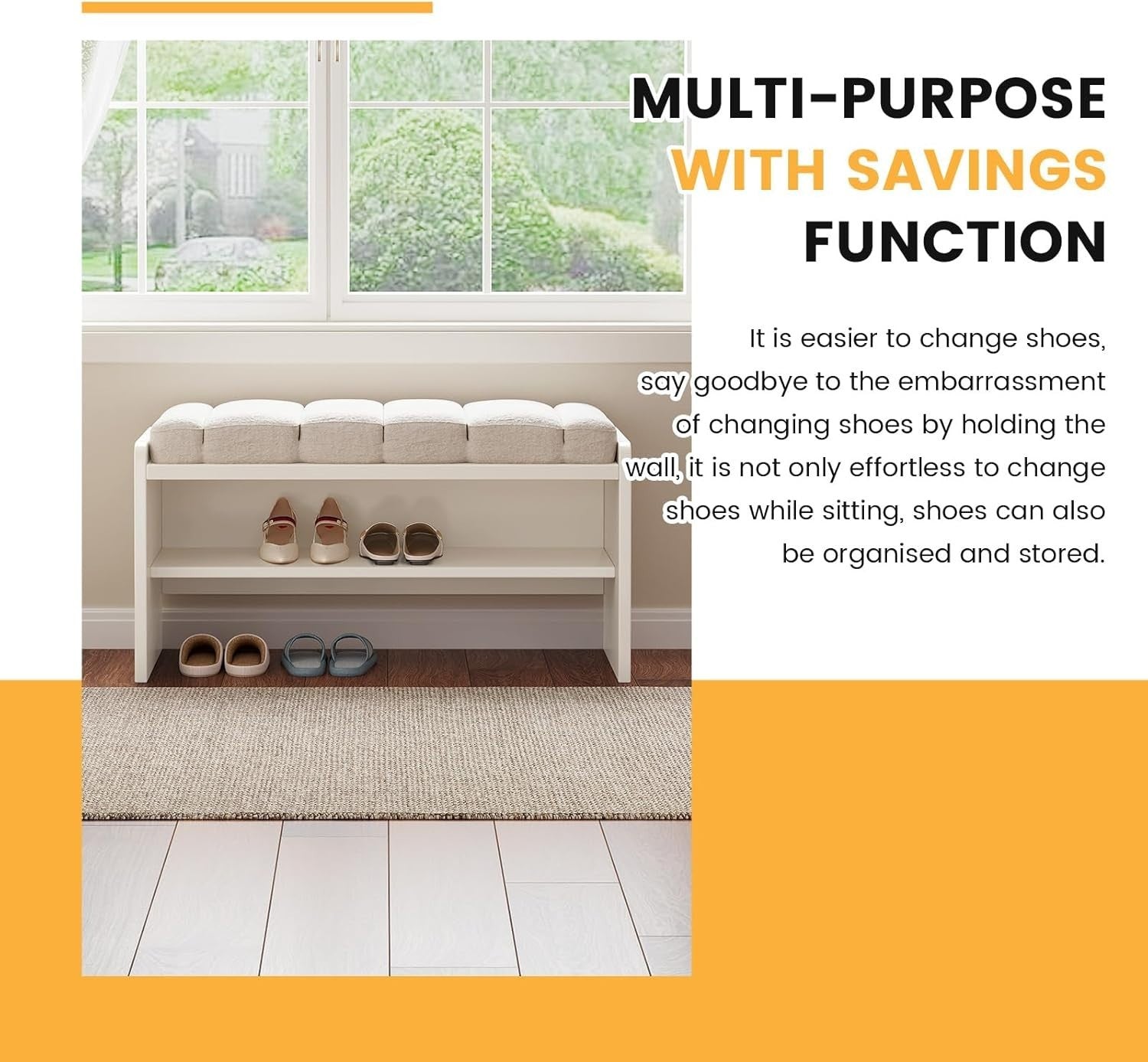 Miuuod Shoe Bench with Cushion 2-Tier Storage Cream White Entryway Hallway Seat
