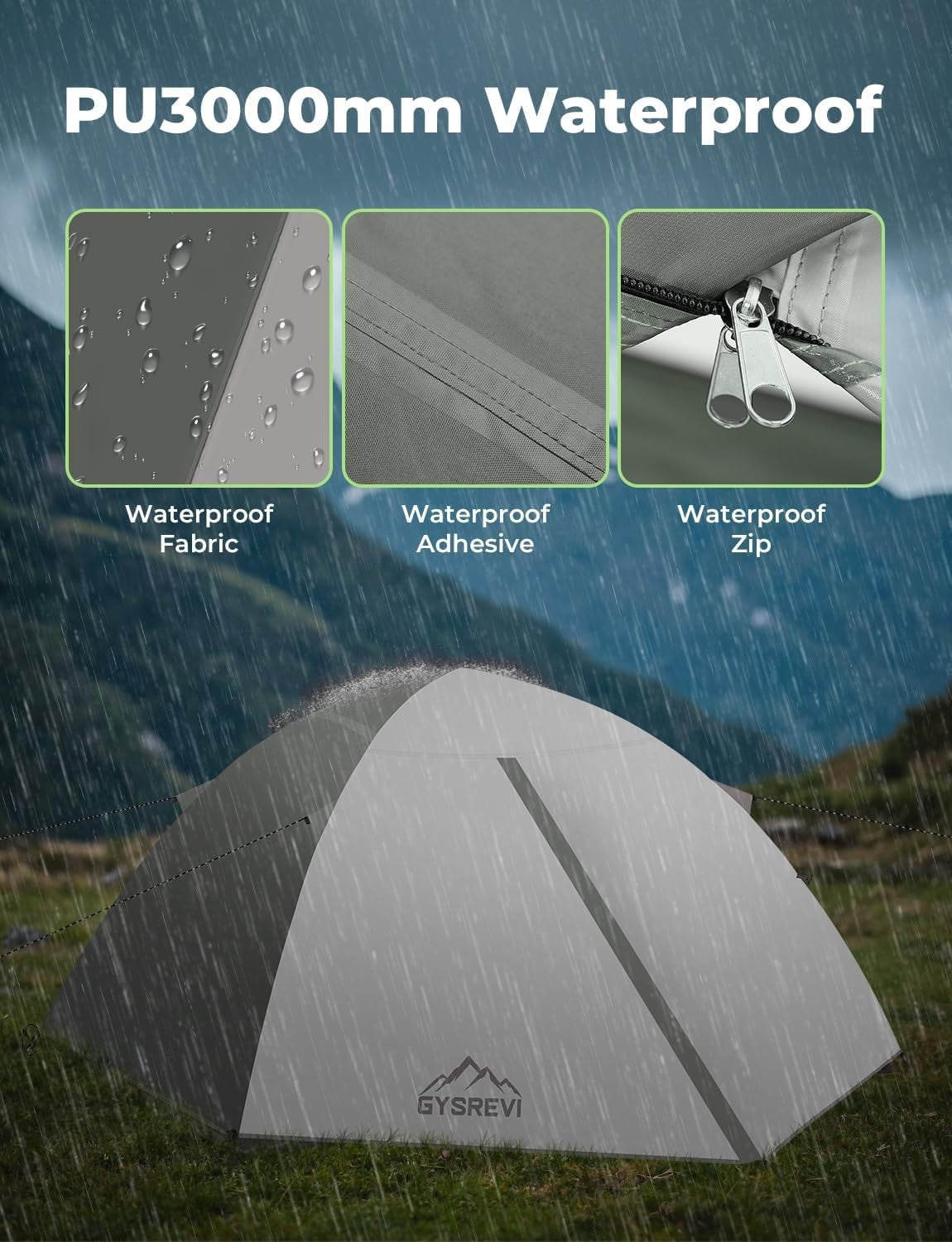 Grey 1-2 Man Waterproof Camping Tent – Lightweight Dome Tent PU3000