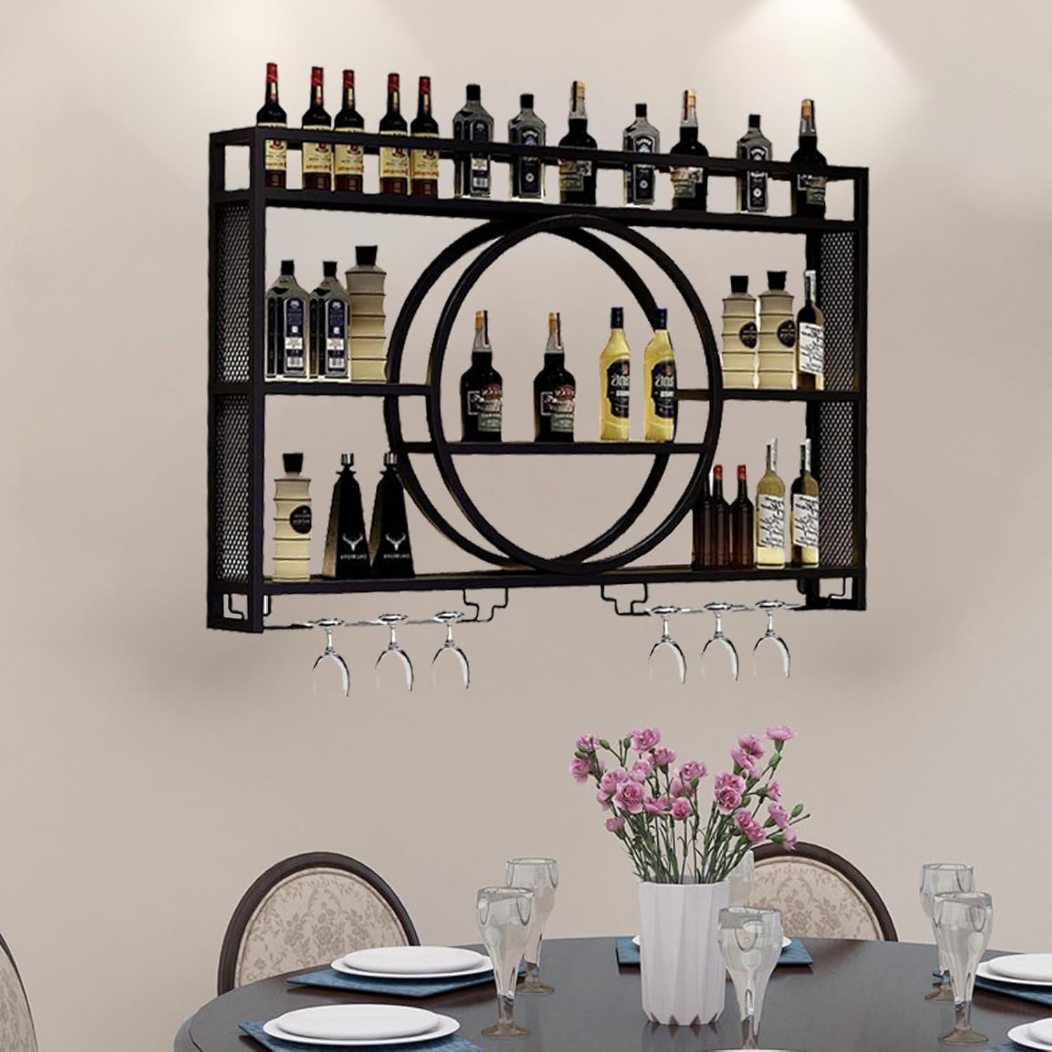 Wall Mounted Wine Rack with Glass Holder Modern Metal Bar Shelf 120cm Black