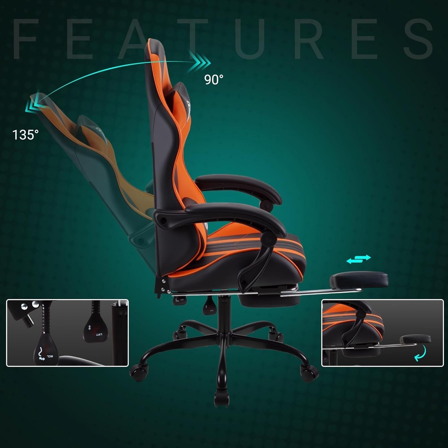 Ergonomic Orange Gaming Chair Recliner PU Leather Office PC Desk Seat
