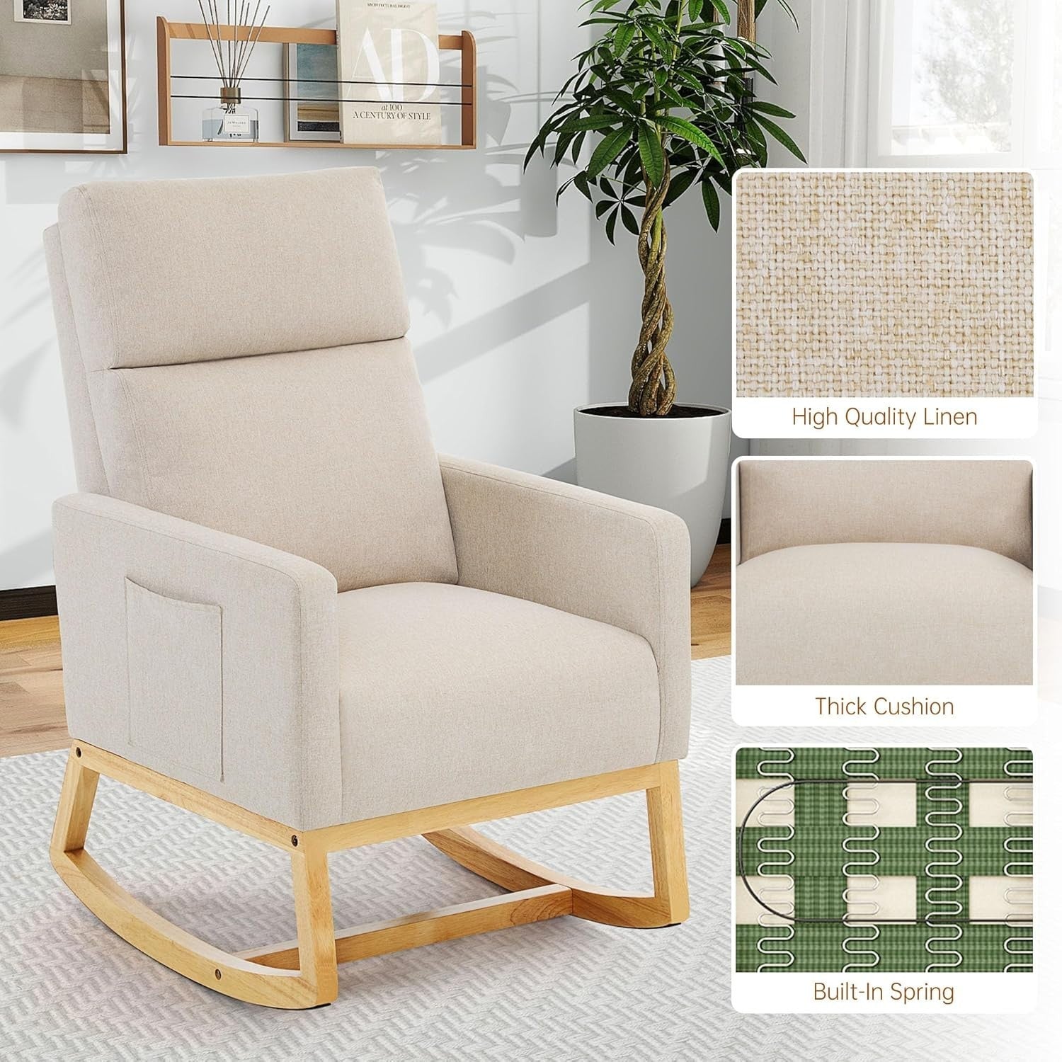Beige Linen Rocking Chair for Adults with High Back, Storage & Wooden Legs