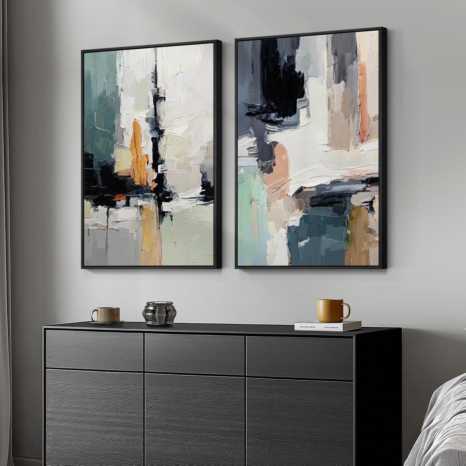 Framed Blue Gray Abstract Wall Art Set of 2 24x36 Modern Canvas Prints