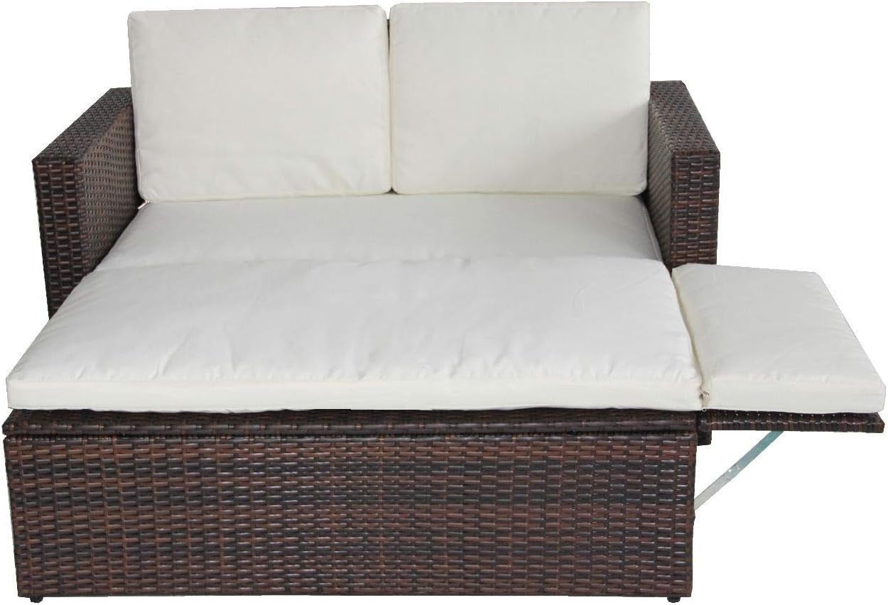 Brown 2-Seater Rattan Outdoor Lovebed with Cushions & Adjustable Footstool