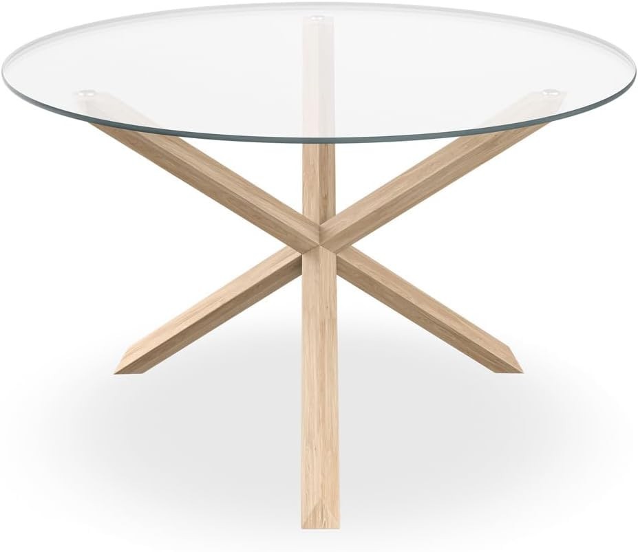 120cm Round Glass Dining Table with Solid Oak Legs Modern 4–6 Seater Table