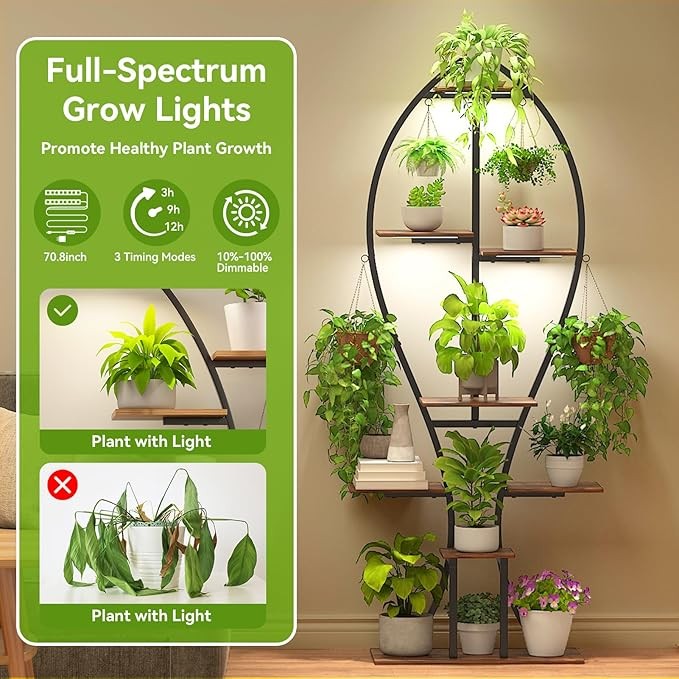 8 Tier Metal Plant Stand with LED Grow Lights Indoor Tall Flower Shelf Rack