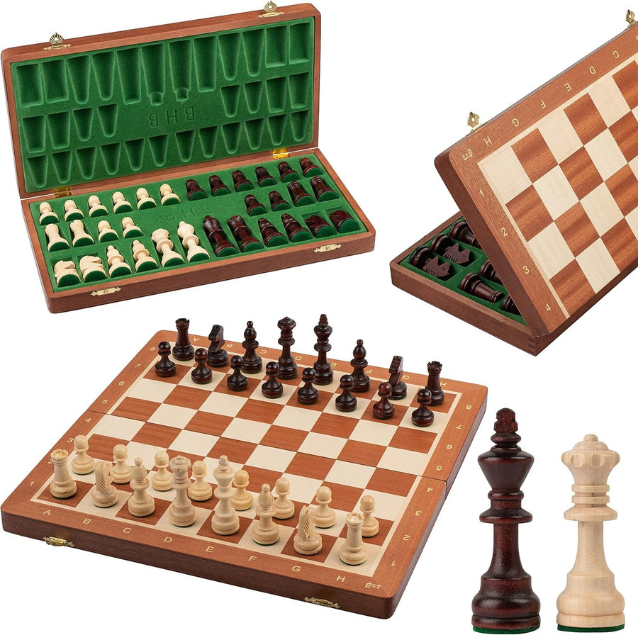 38cm Tournament Wooden Chess Set – Inlaid Folding Board & Weighted Pieces