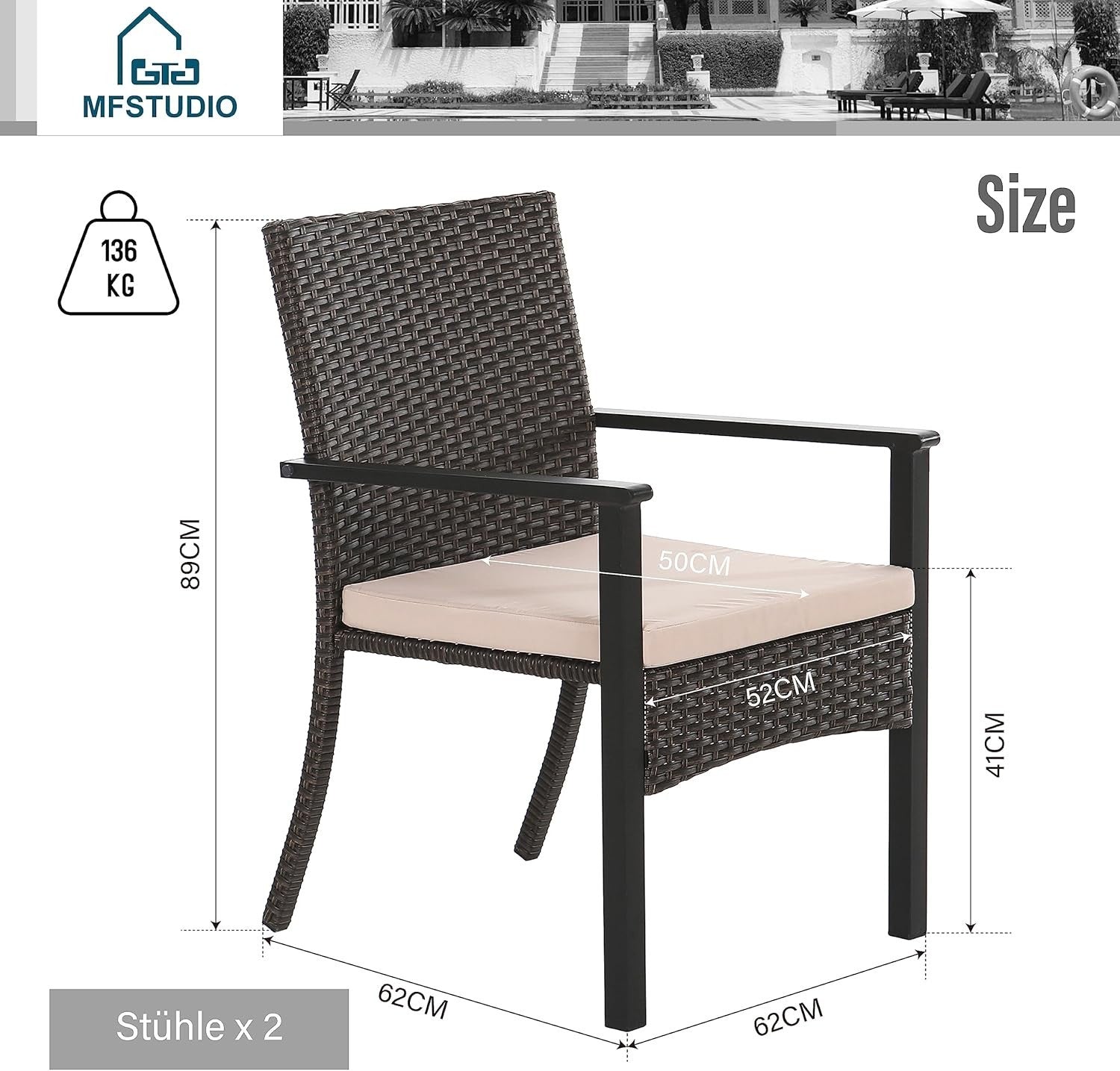 Rattan Garden Dining Chairs Set of 2 with Cushions Weatherproof Patio Seating
