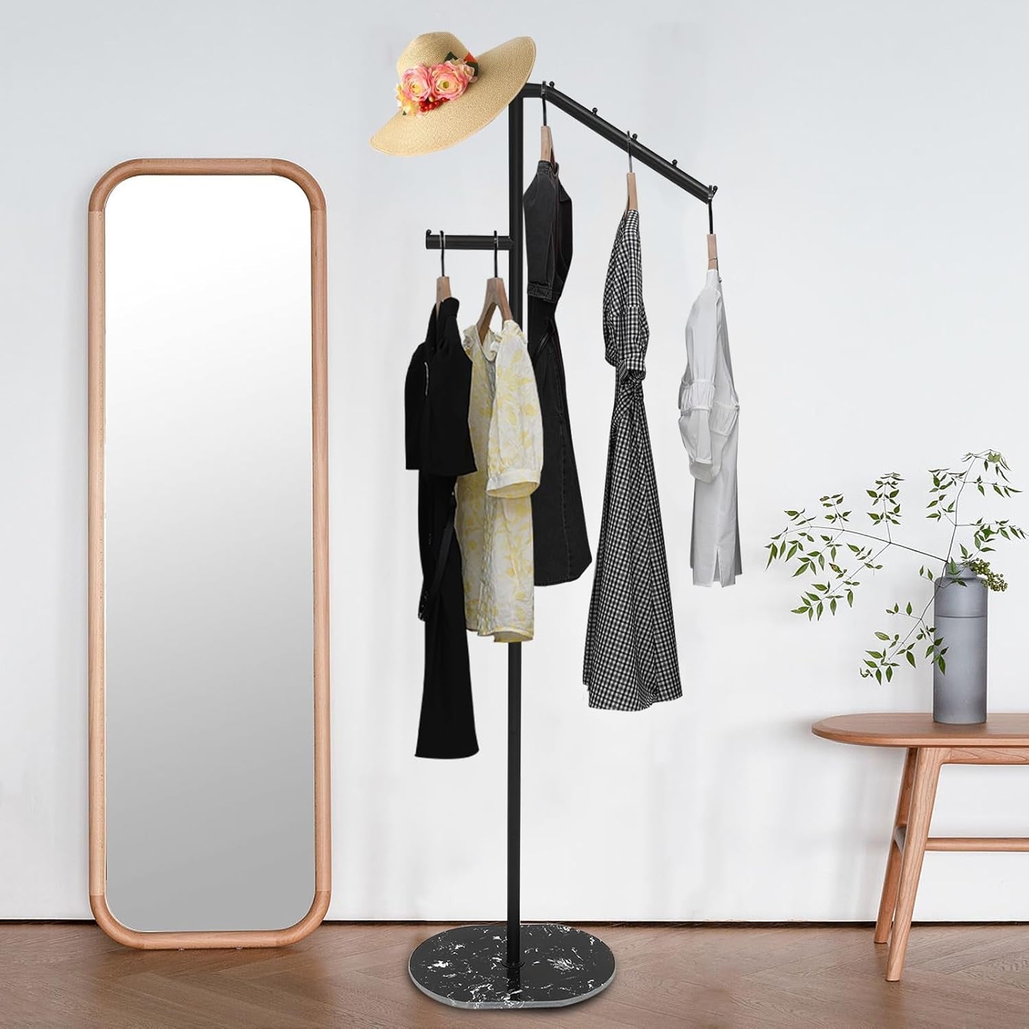 Modern Black Metal Coat Rack 1.7m Marble Base Crossbar Clothes Hanger Stand