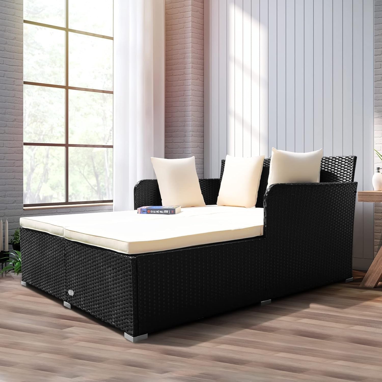White 2-Seater Rattan Outdoor Daybed with Cushions, Patio Sofa & Sun Lounger