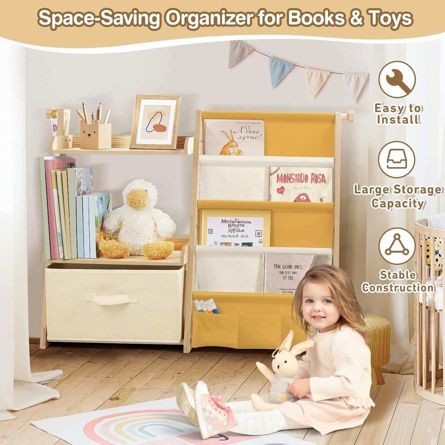 Yellow Kids Bookshelf & Toy Storage – 4-Tier Wooden Bookcase + Toy Chest