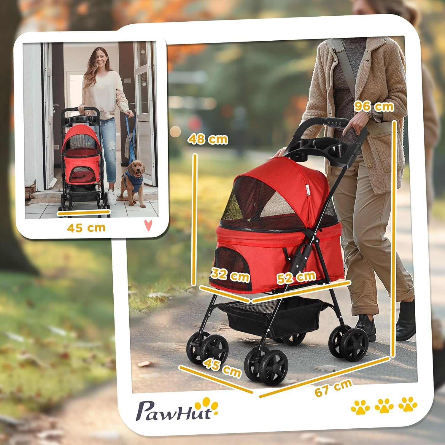 Pet Travel Stroller Dog Pushchair Foldable with Brake Basket Canopy Red