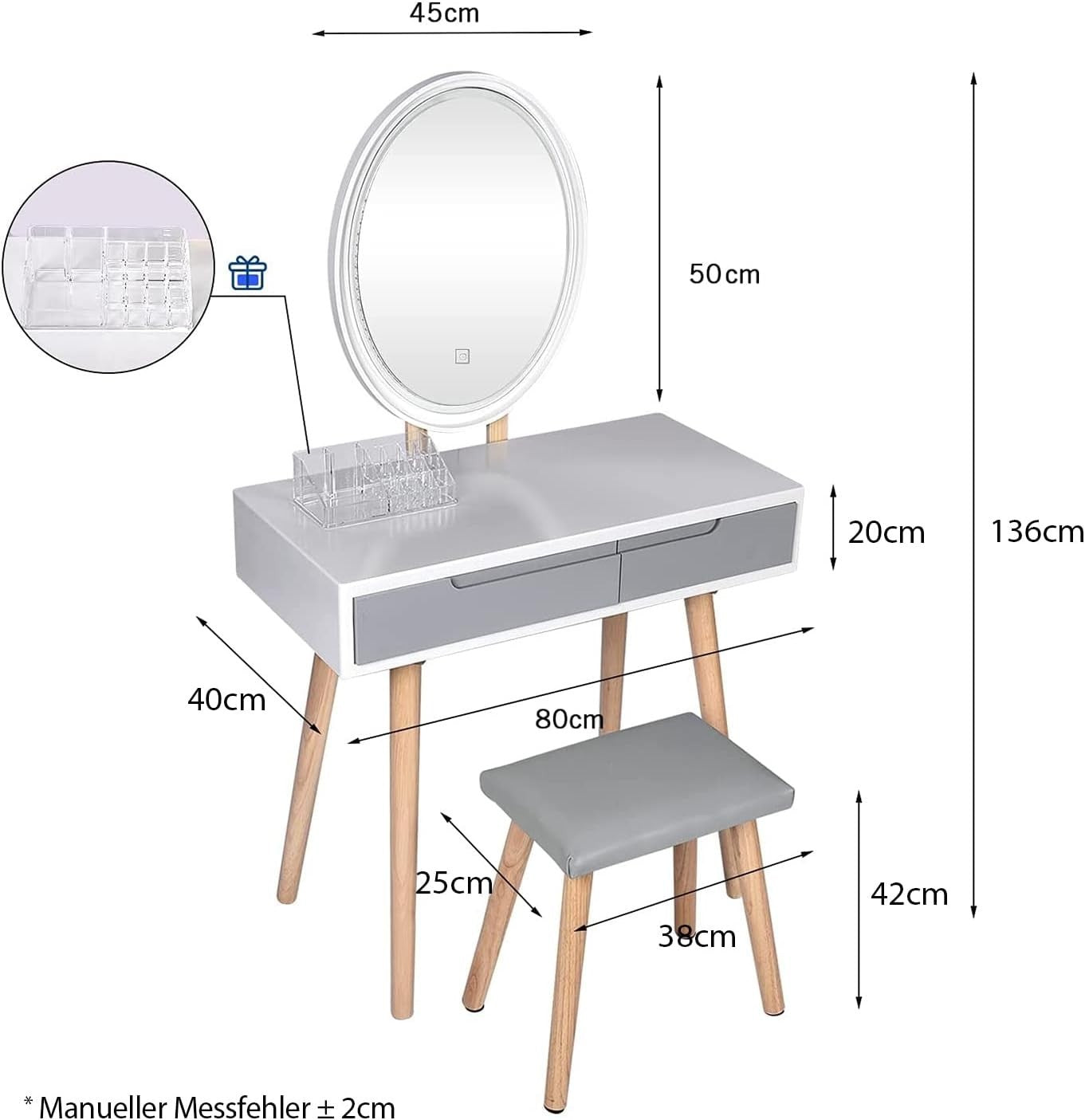 Vanity Makeup Dressing Table Set W/ Lighted Oval Mirror Stool 2 Drawers Storage