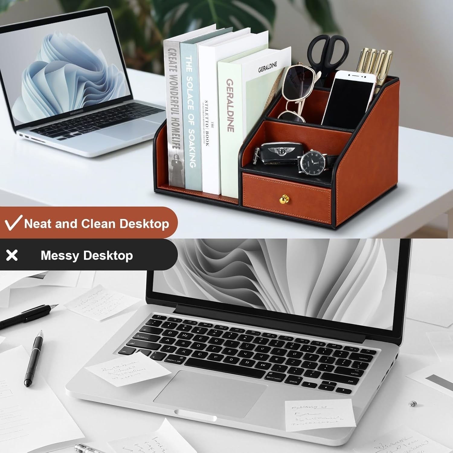 PU Leather Desk Organizer with A4 Magazine Rack & Pen Holder 33x28x18cm