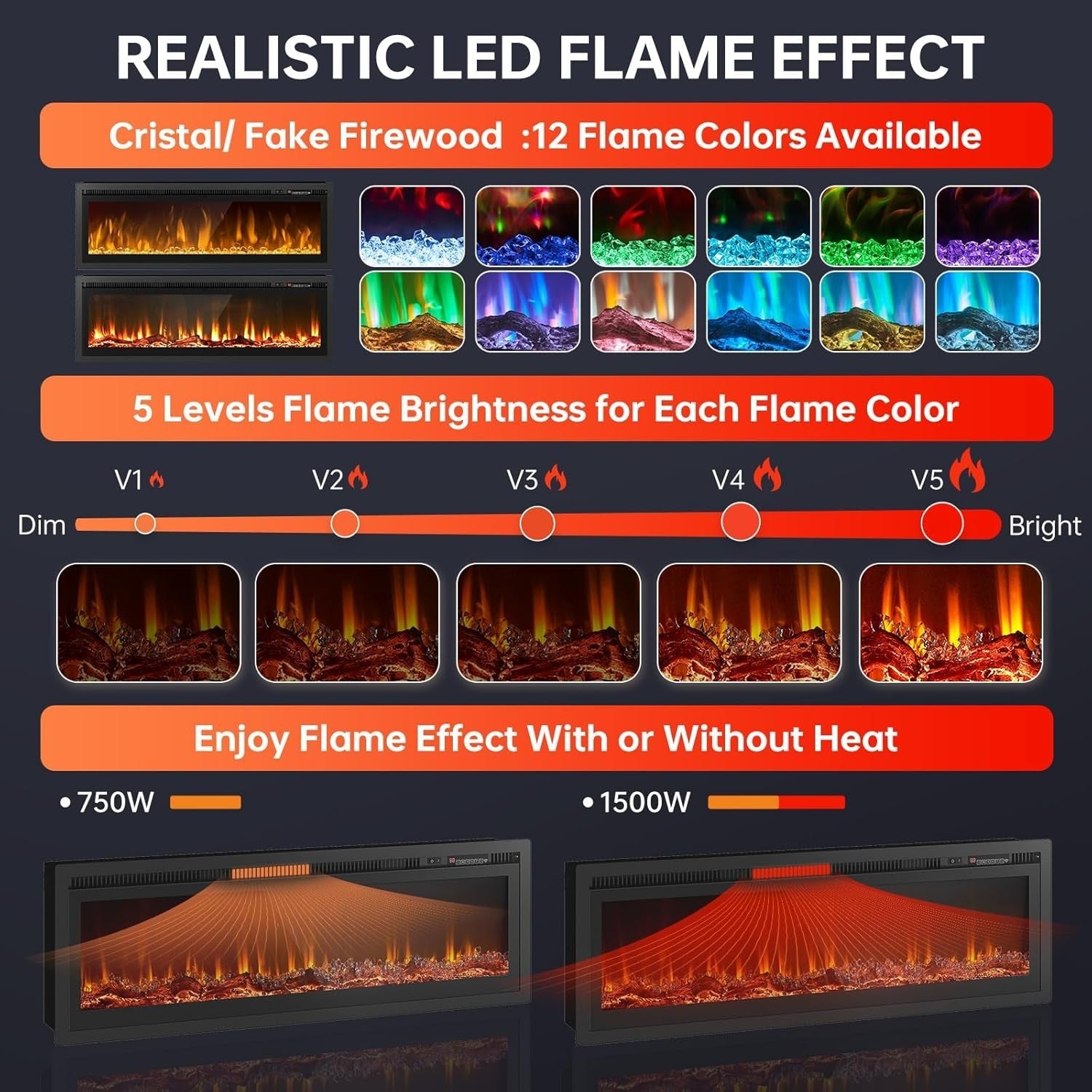 Electric Fireplace 40" Wall Mounted Heater WiFi LED Flame Remote Log Set