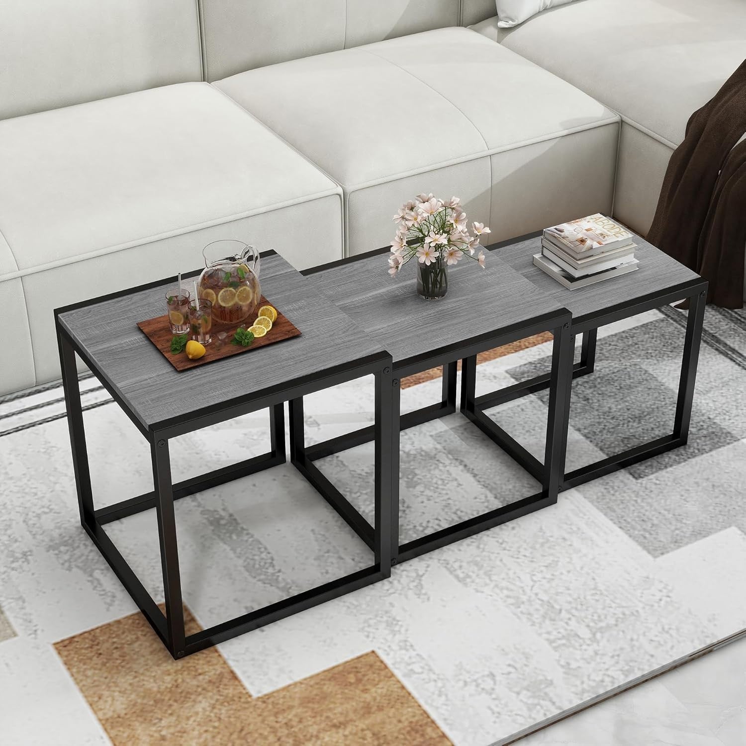 Set of 3 Grey Nesting Tables Wood Top Metal Legs Modern Living Room End