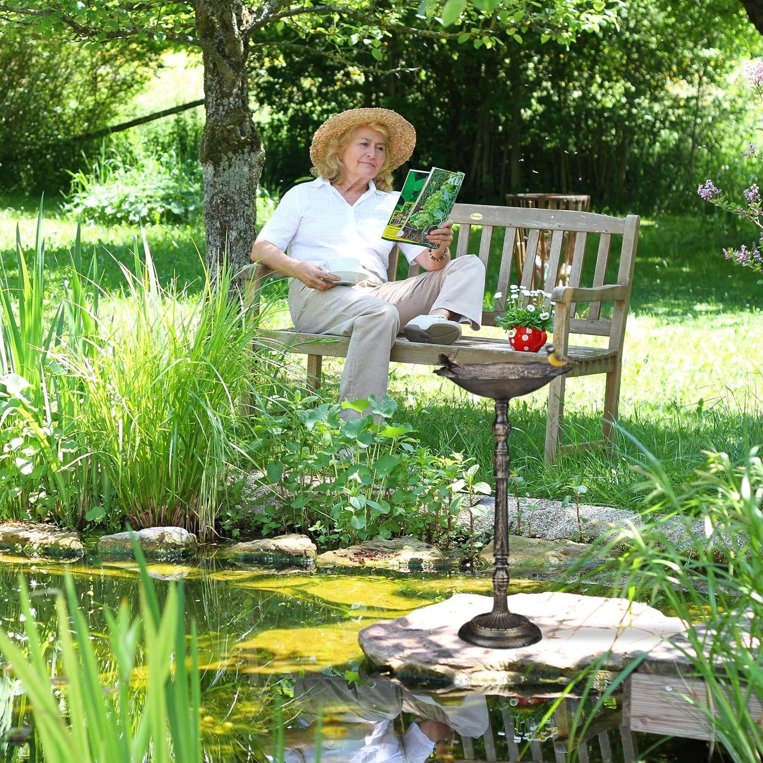 White Cast Iron Bird Bath | 74cm Antique Standing Garden Water Bowl