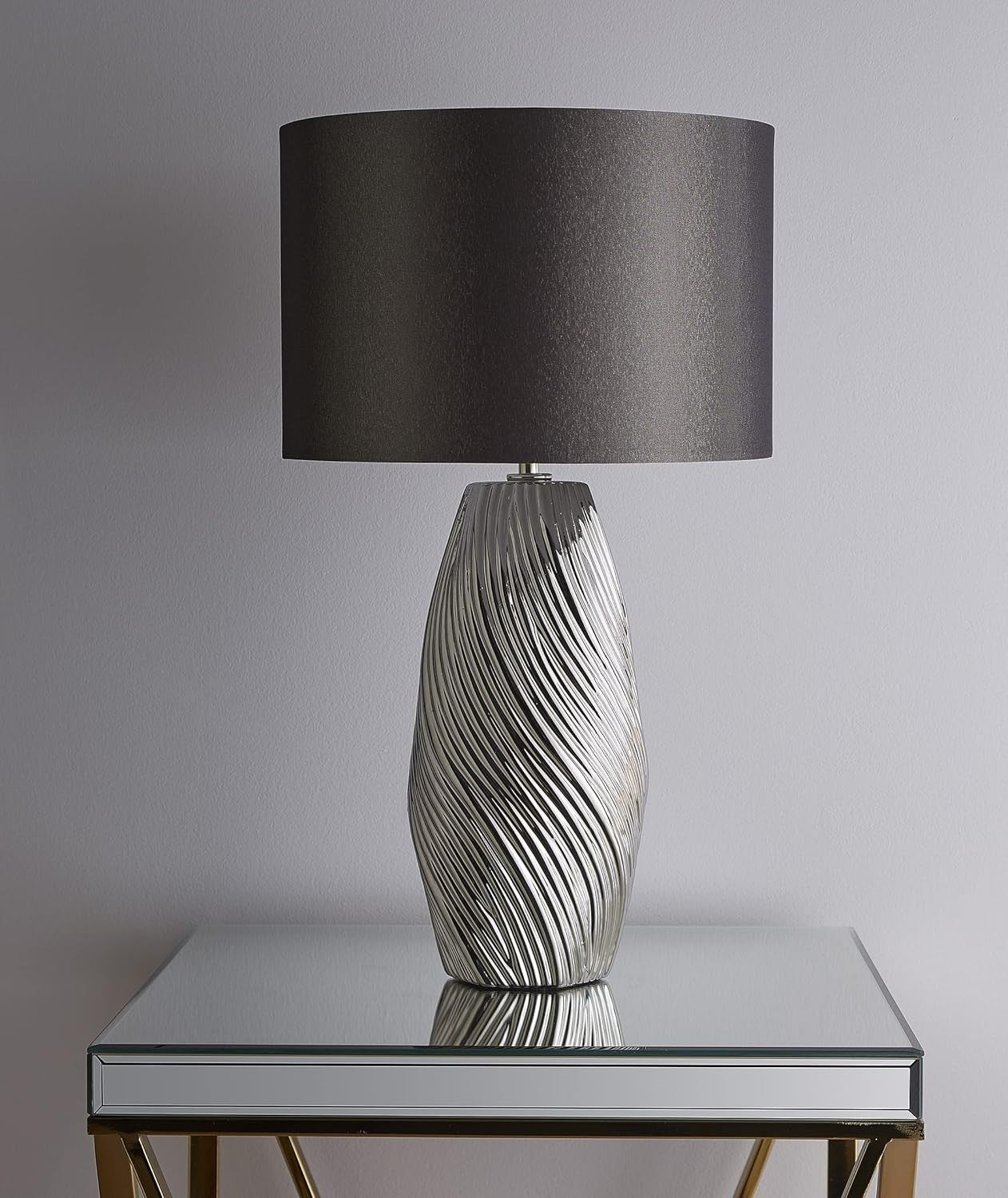Tall Silver Ceramic Table Lamp with Dark Grey Swirl Shade, 52cm