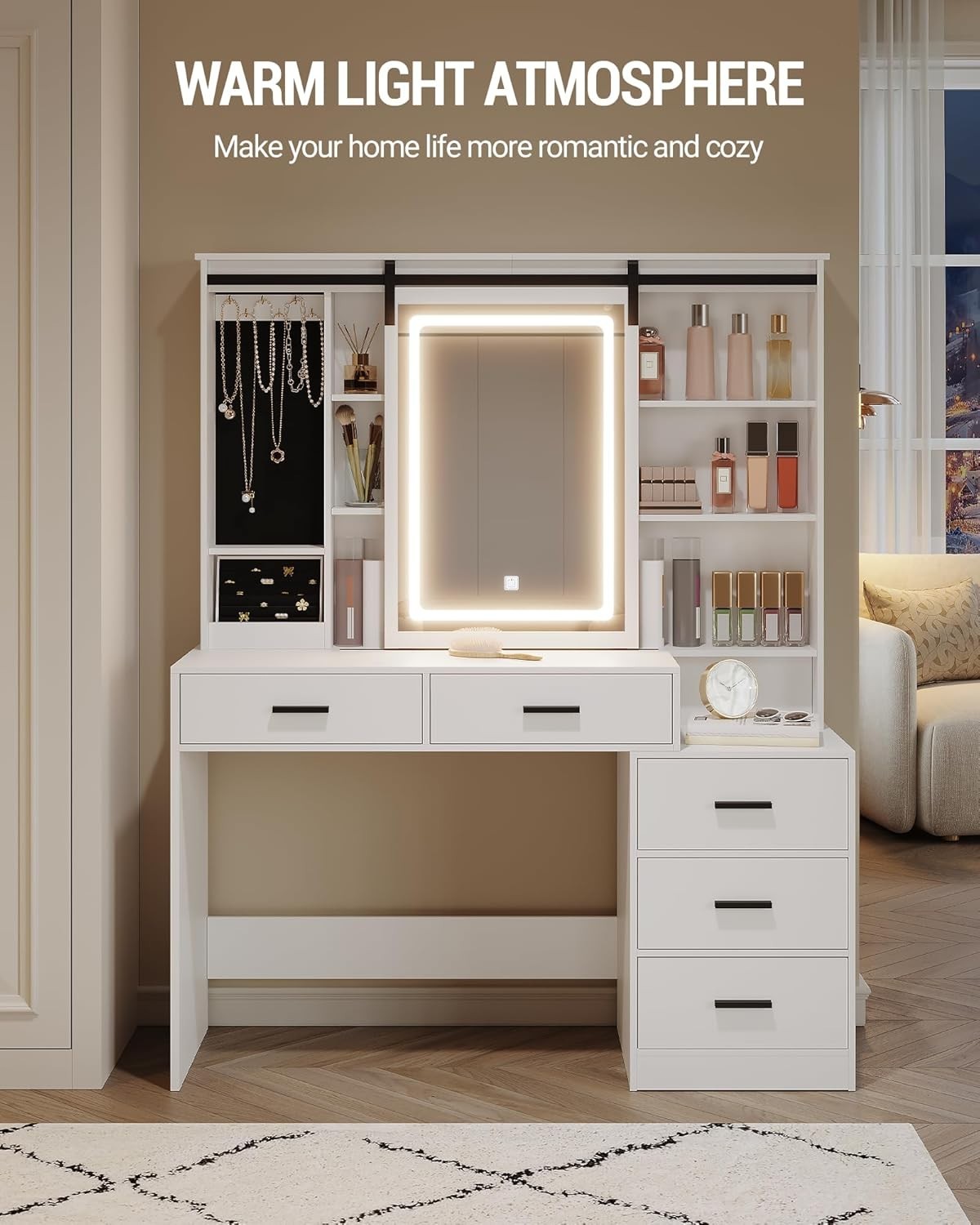Modern Vanity Dressing Table LED Mirror Storage Drawers White Desk New