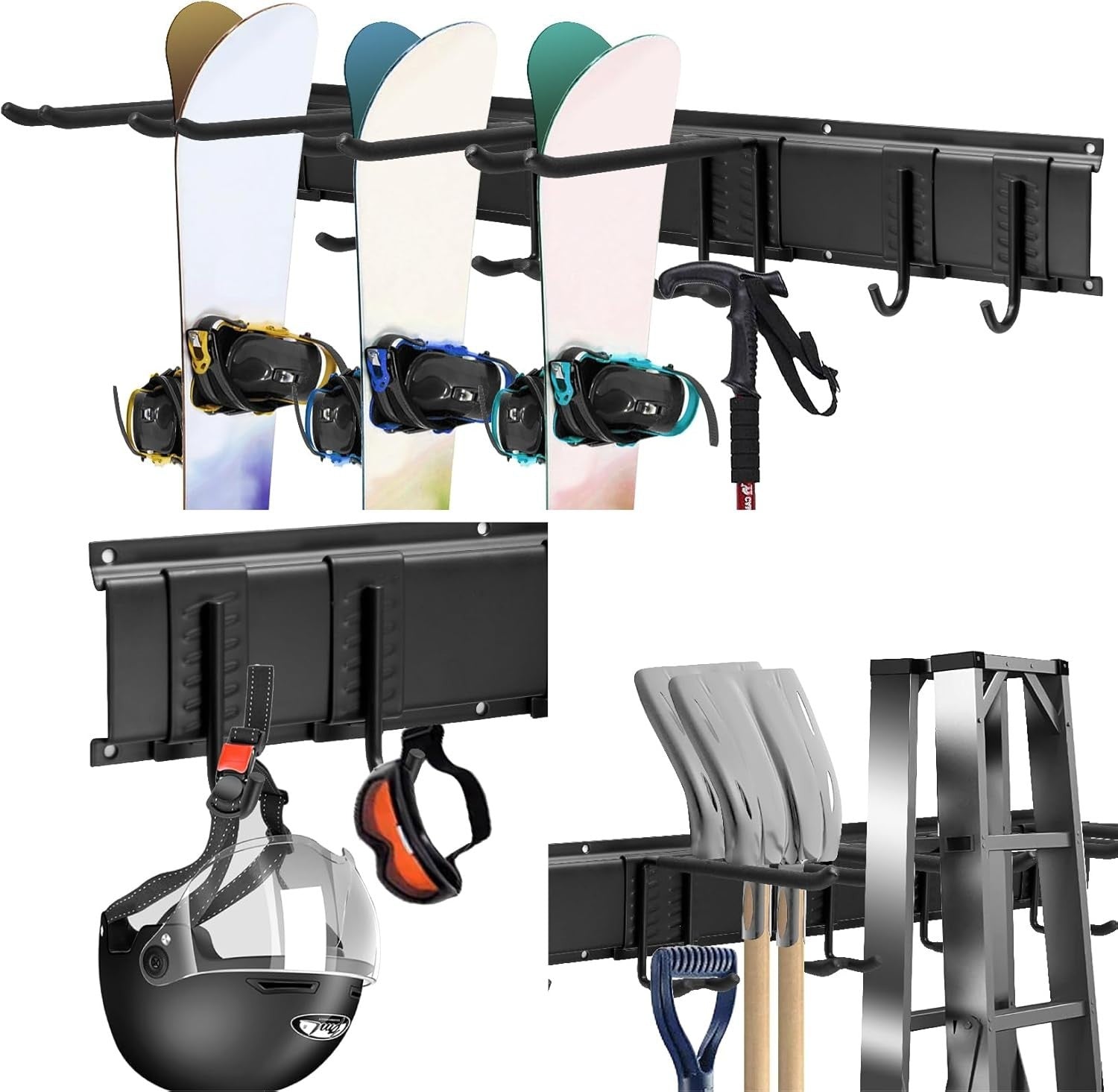 Garage Tool Rack Wall Mounted 6 Adjustable Hooks Heavy Duty Steel Black