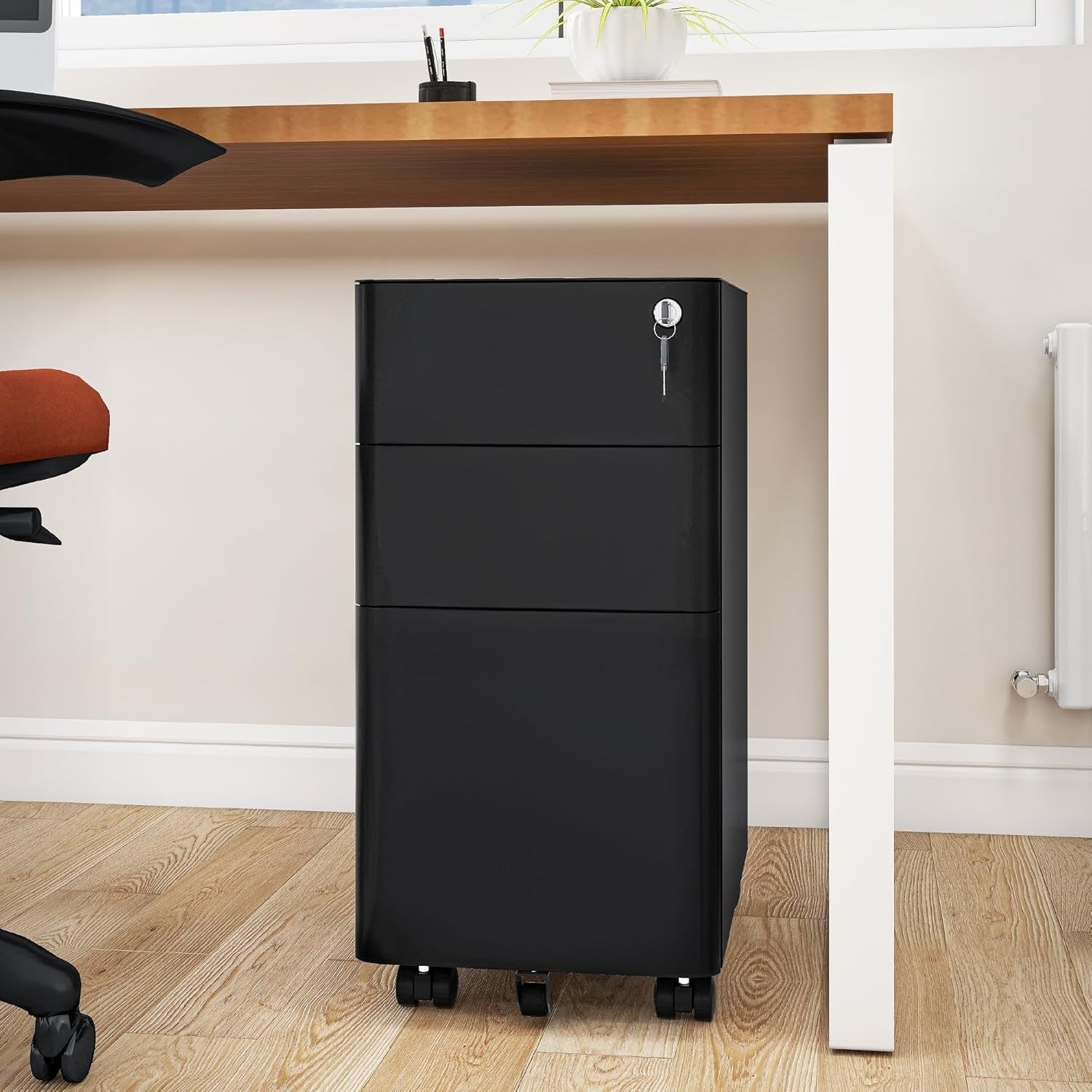 Black 3 Drawer Lockable Metal File Cabinet 30x45x61cm Slim