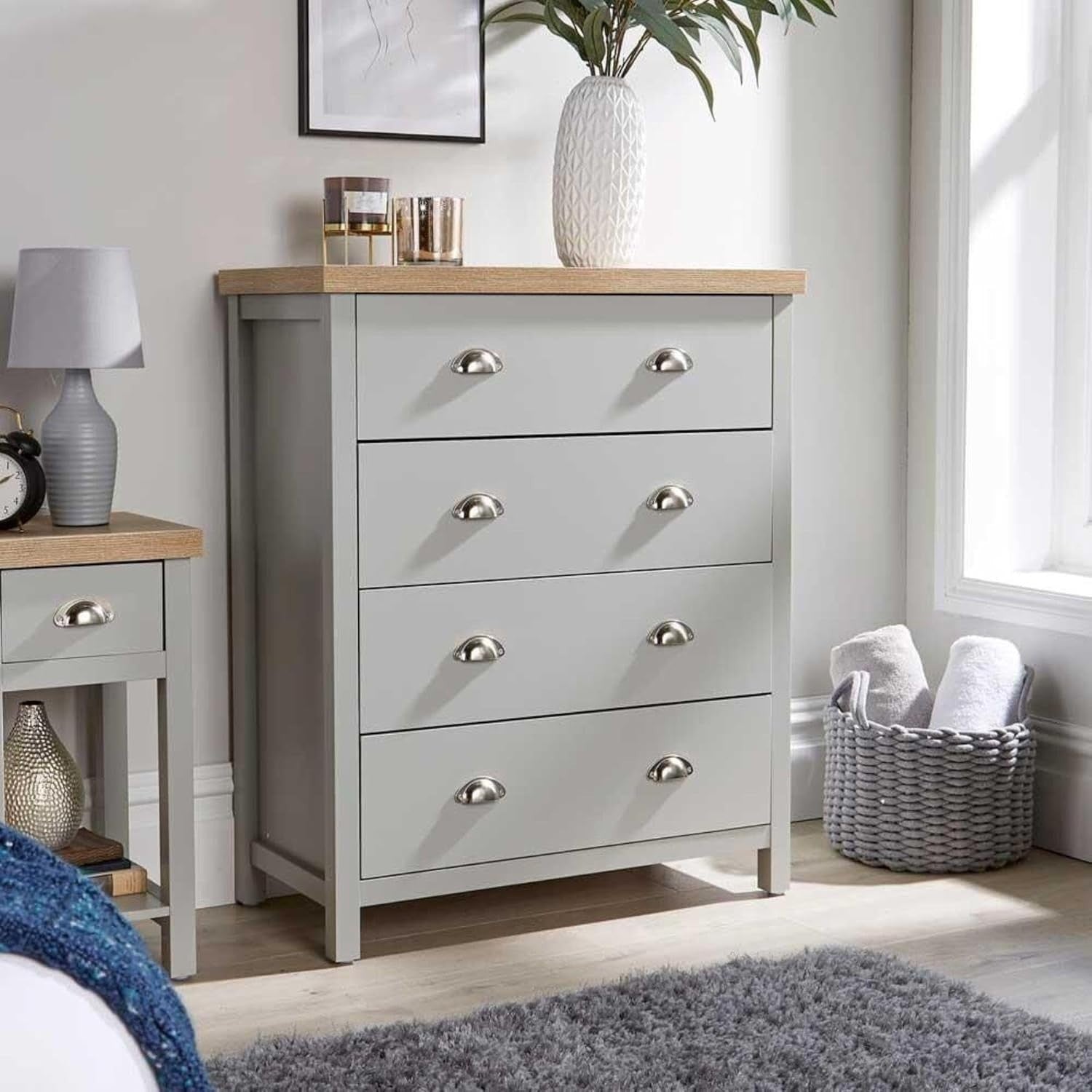 Grey 4 Drawer Chest Bedroom Storage Unit Modern Oak Effect Tall Cabinet