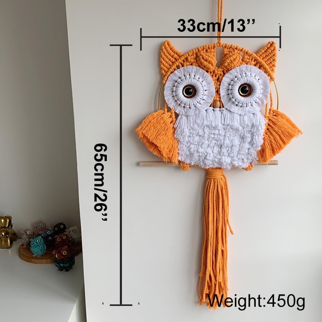 Orange Macrame Owl Wall Hanging Boho Fiber Art Home Decor