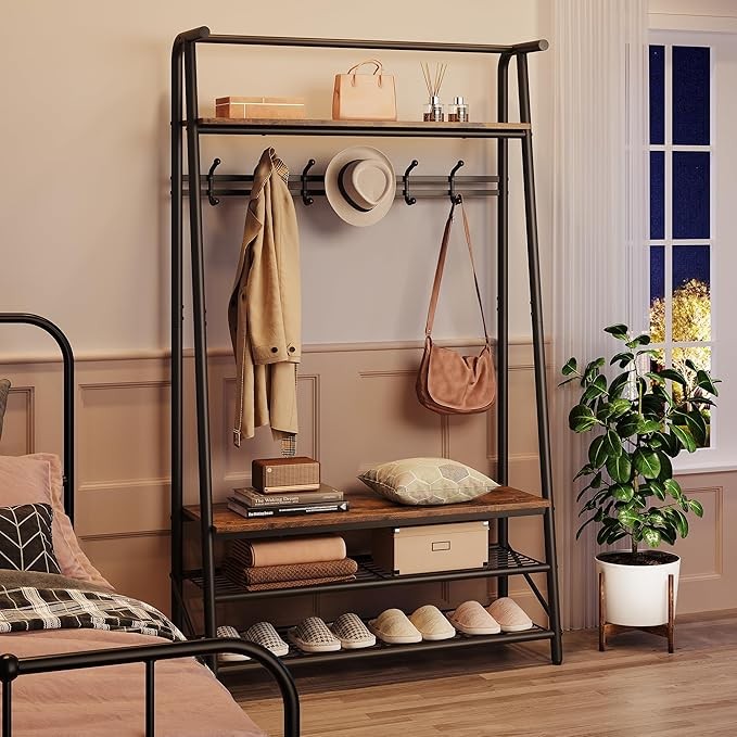 Rustic Brown 3-in-1 Coat Rack with Shoe Storage & 6 Hooks Metal Hall Tree