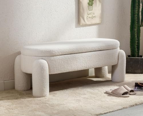 Faux Fur Upholstered Storage Bench Modern Bedroom Window Seat White
