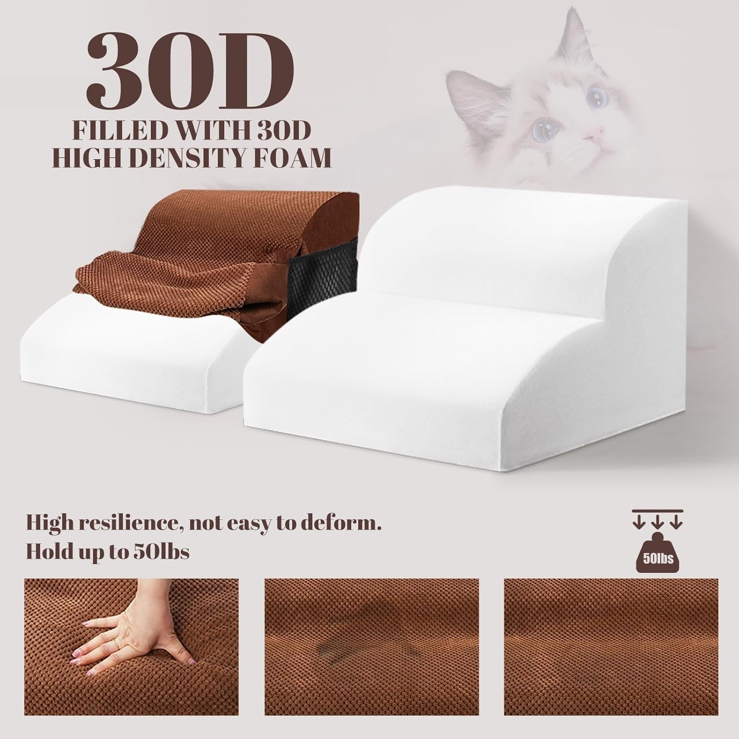 Brown 2 Step Dog Stairs 30D Foam Non Slip Pet Steps 40x30x40cm