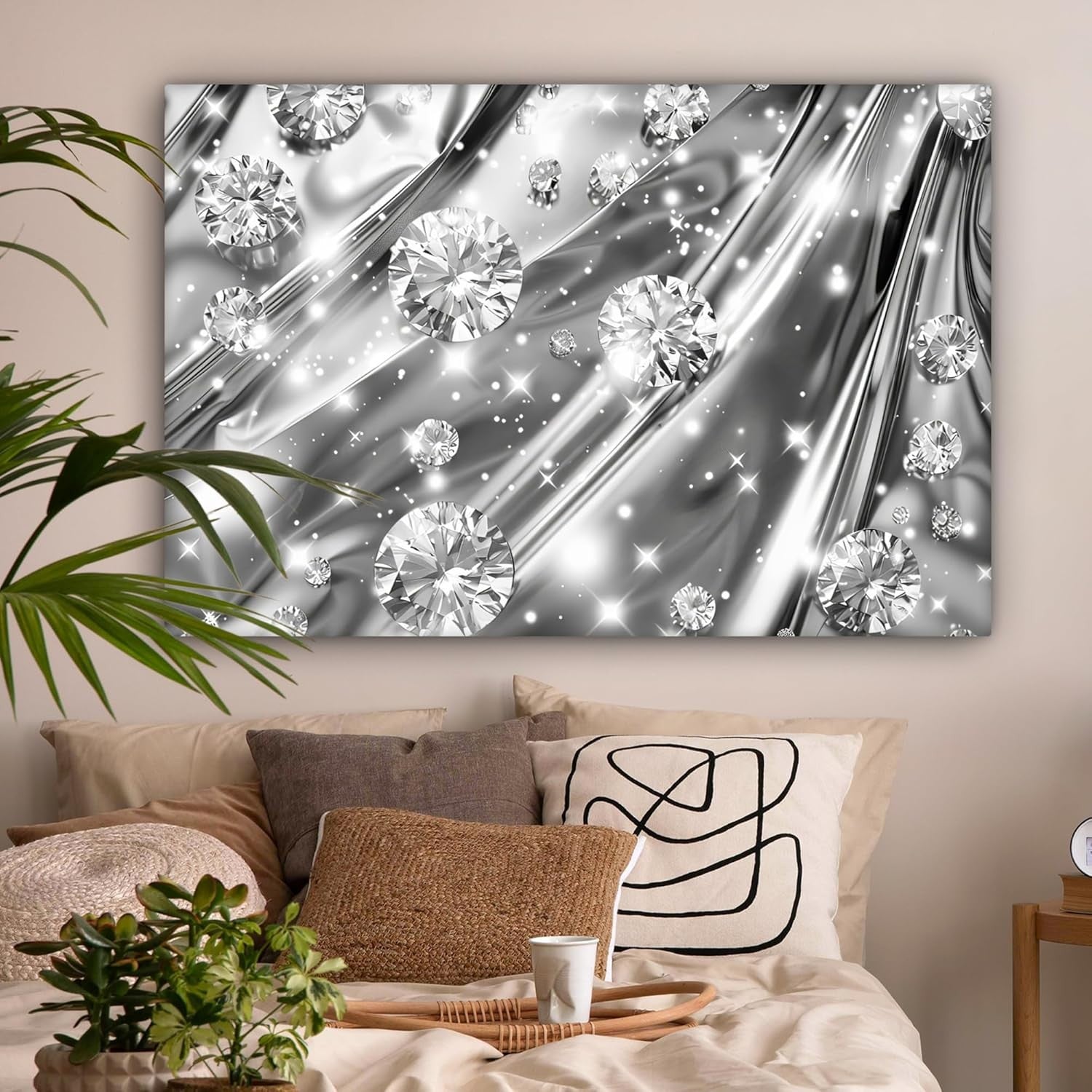 Diamond Abstract Canvas Wall Art 47x31 in Silver Modern Home Decor