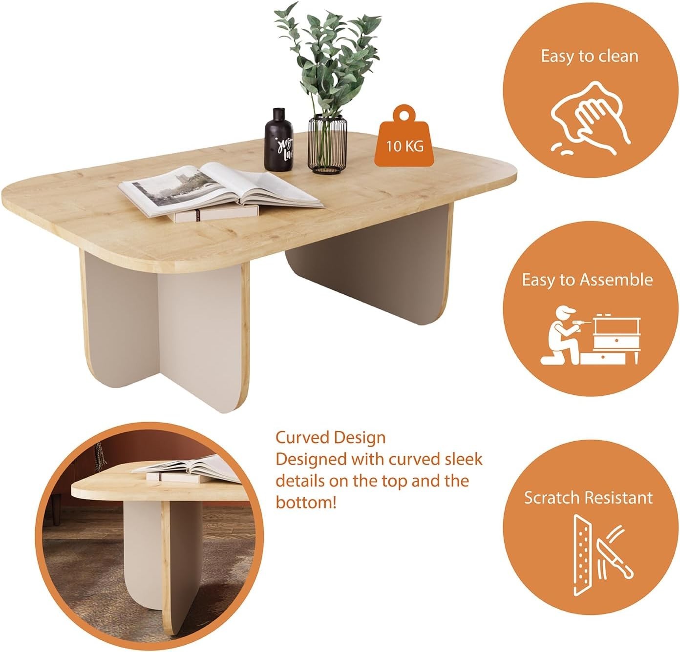Modern Oak & Grey Coffee Table 100cm – Stylish Living Room Table with Curved Cor