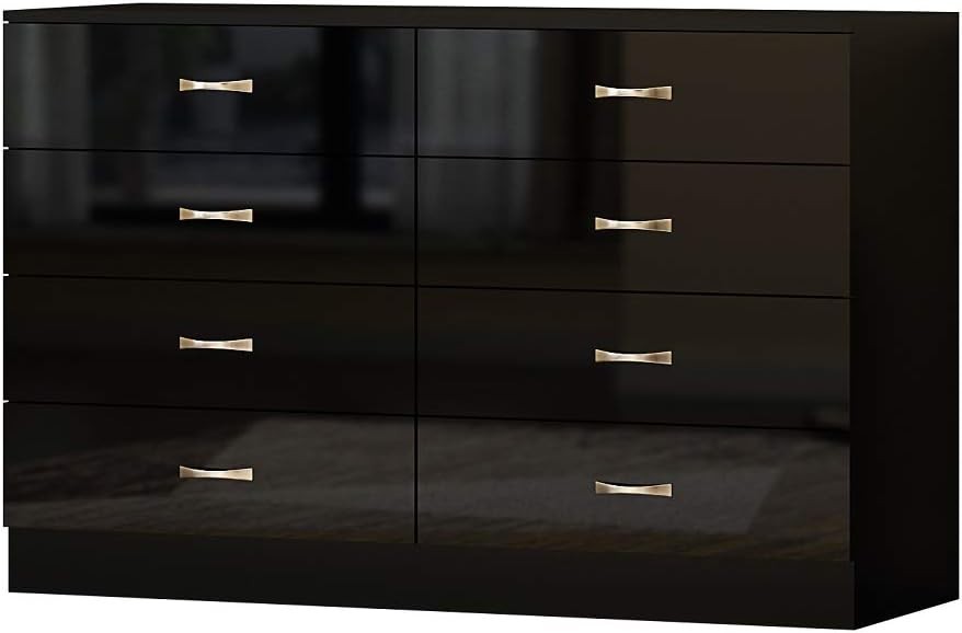 Black Gloss 8 Drawer Chest Wide Storage Unit Modern Bedroom Furniture