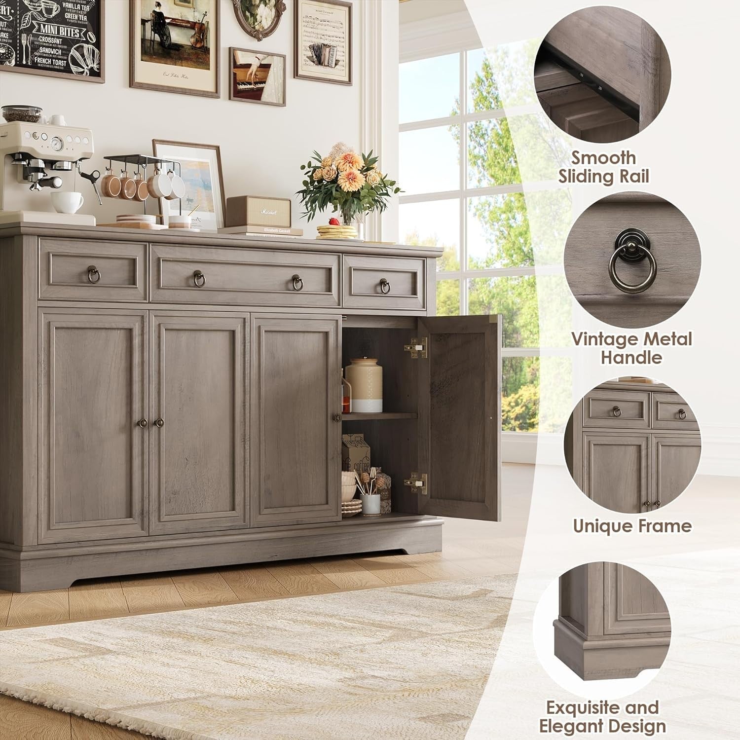 Grey Sideboard Cabinet 4 Door 3 Drawer Storage Unit for Dining Kitchen**