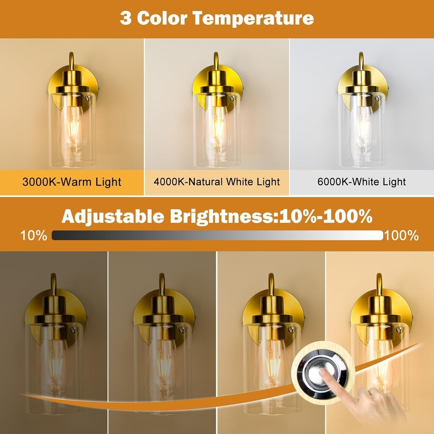 Gold Wall Sconces 2-Pack Rechargeable LED Lights, Remote, Dimmable, No Wiring