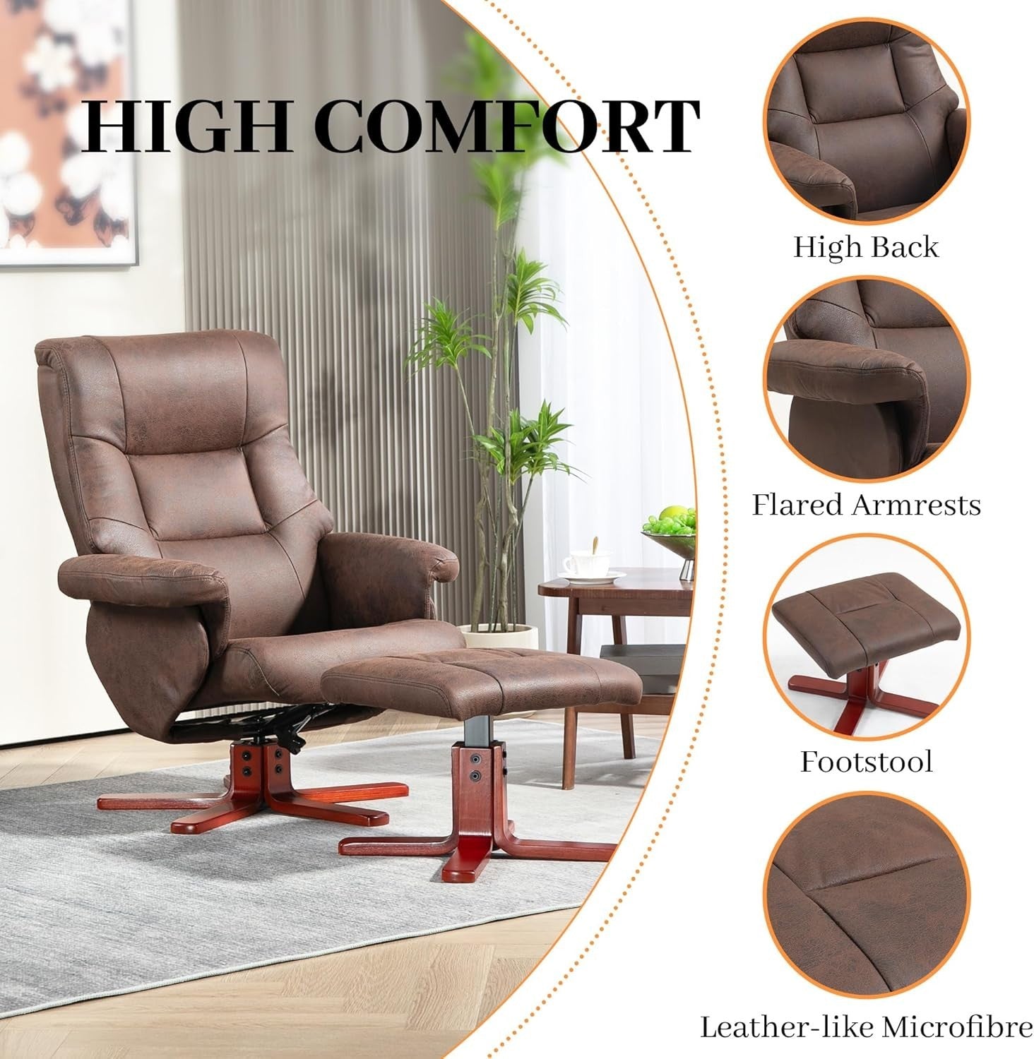 Dark Brown Recliner Armchair with Footstool Adjustable Lounge Chair for Bedroom
