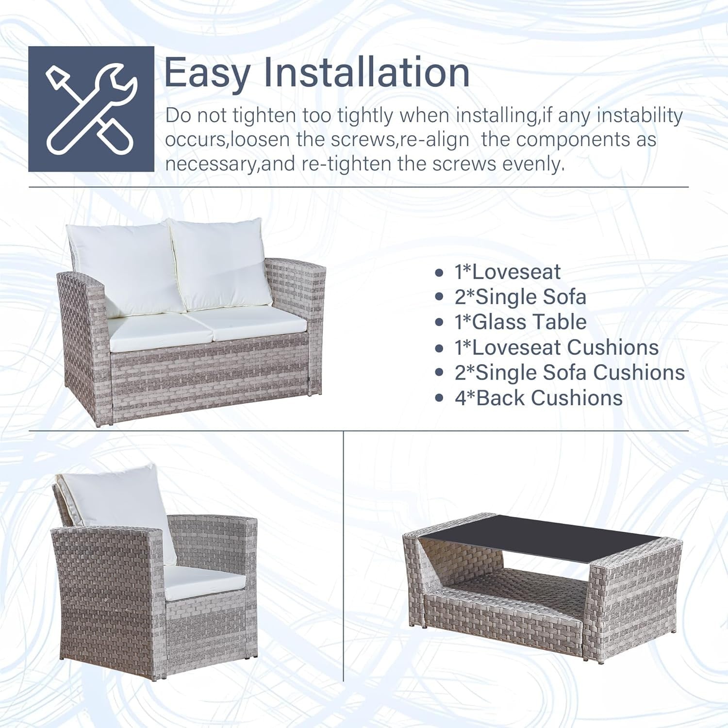 Rattan Garden Sofa Set 4pc Grey Chairs Glass Table Cushions Patio Use