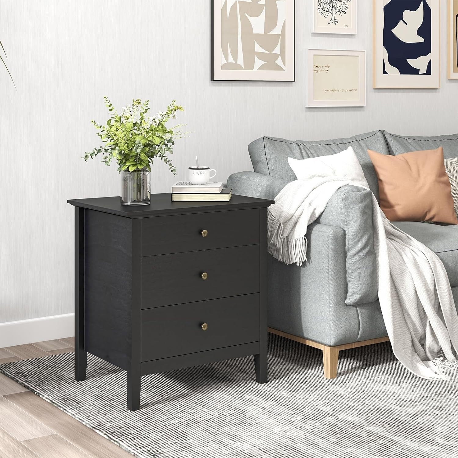Black Wooden 3 Drawer Bedside Table | Modern Storage Cabinet