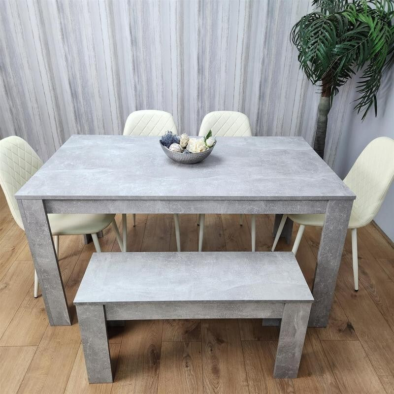 6 Seater Grey Dining Table Set with Cream Leather Chairs & Bench Oak Look